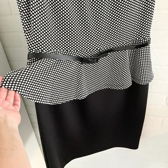 Vintage Laura Peplum dress Polka dot Belted Round neck Black White Pleated Sz 14 - Picture 5 of 11